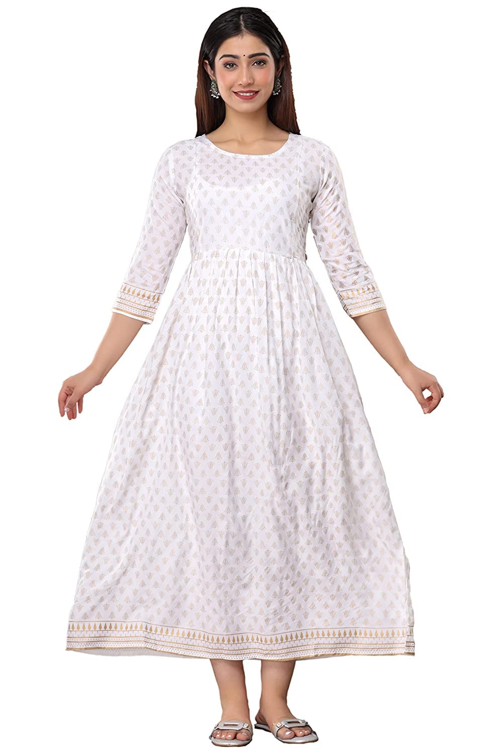 Women Gold Printed Maternity Anarkali Feeding Kurti with Zippers (White)-image-2