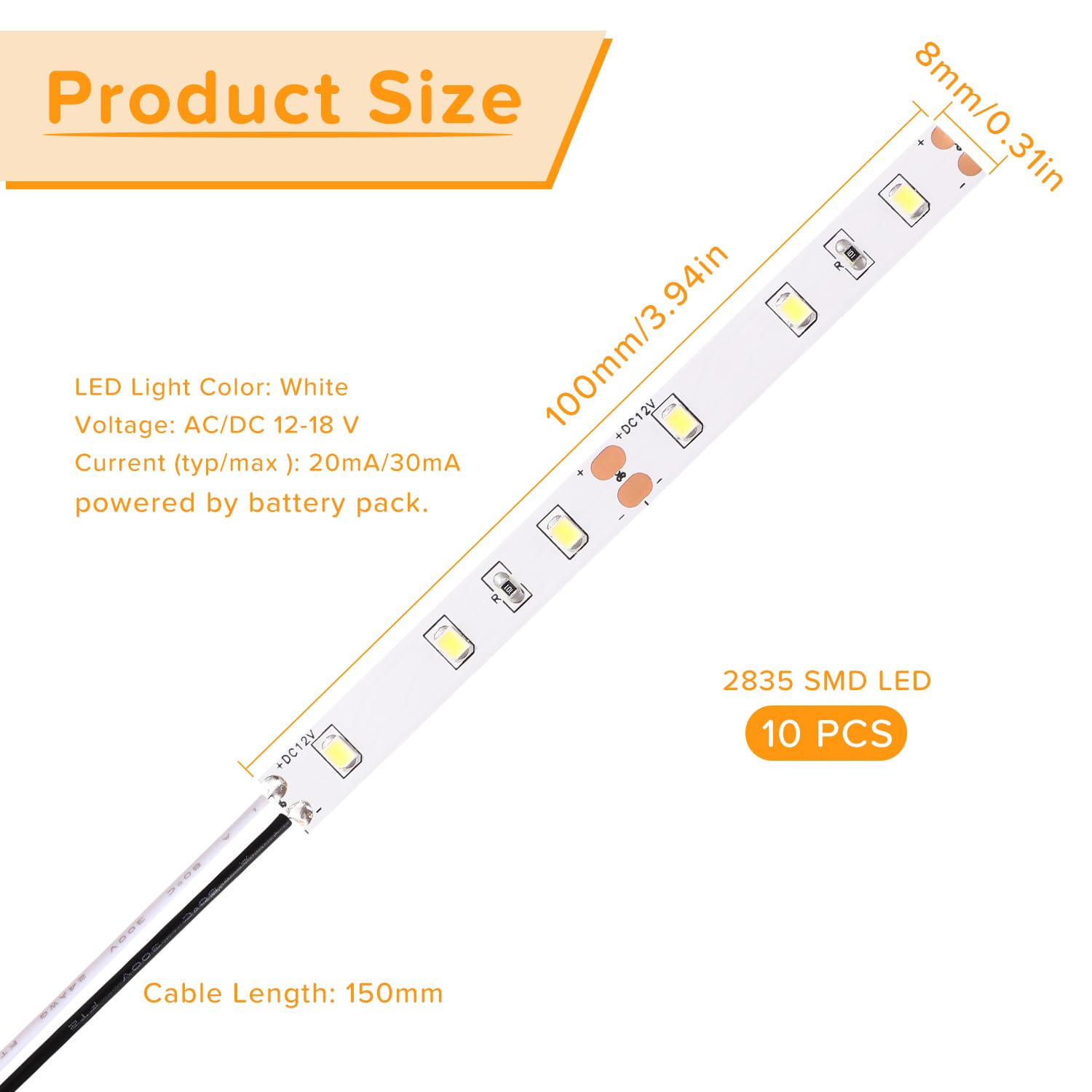 Lyeteung 10 PCS 100mm 12V - 18V Pre Wired Strip, 2835 SMD LED Model Railway LED Lighting, White, 100mm - 10pcs - Image 2