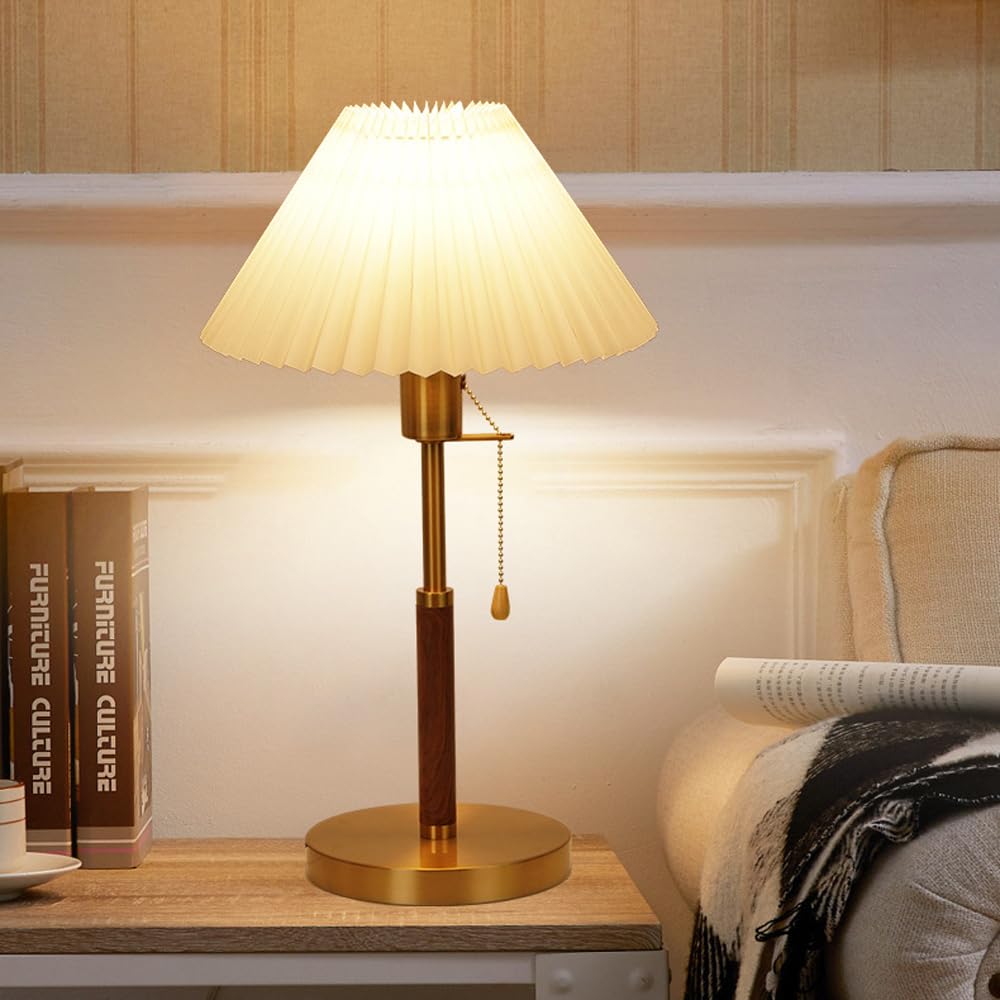 Jadssox Stoff-Tischlampe, Moderne Nachttischleuchte mit Zugkettenschalter, Goldfarbene Tisch-Nachttischlampe, Akzentlampe, E27-Säulen-Tischlampe, Büro, Schreibtisch, Leselampe, Arbeitsbeleuchtung