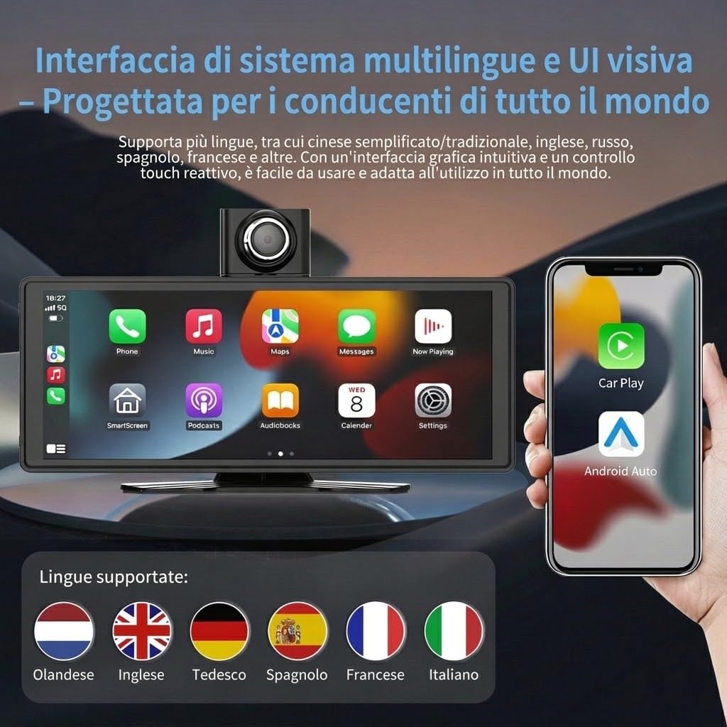 Schermo CarPlay Auto 10,26", Car Play per Auto Wireless e Android Auto, Dash Cam 4K, Supporto Retrocamera 1080P, Schermo per Auto IPS Touch, Mirror Link, BT/FM/AUX, TF 64GB, Plug and Play 12V/24V