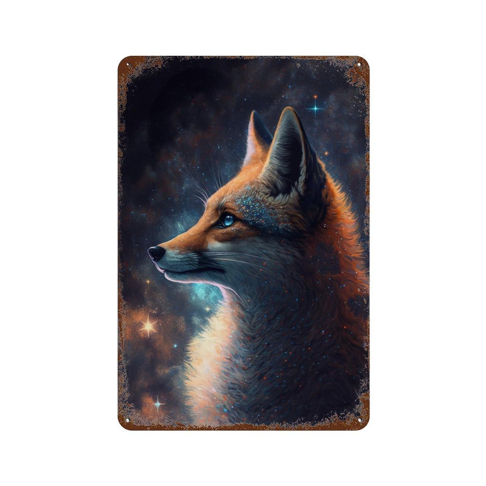 Cosmic Fox Portrait-4 Weathered Tin Sign 11.8"x7.9", for Shed, Workshop And Garage Wall Decor, Decorative Metal Wall Art