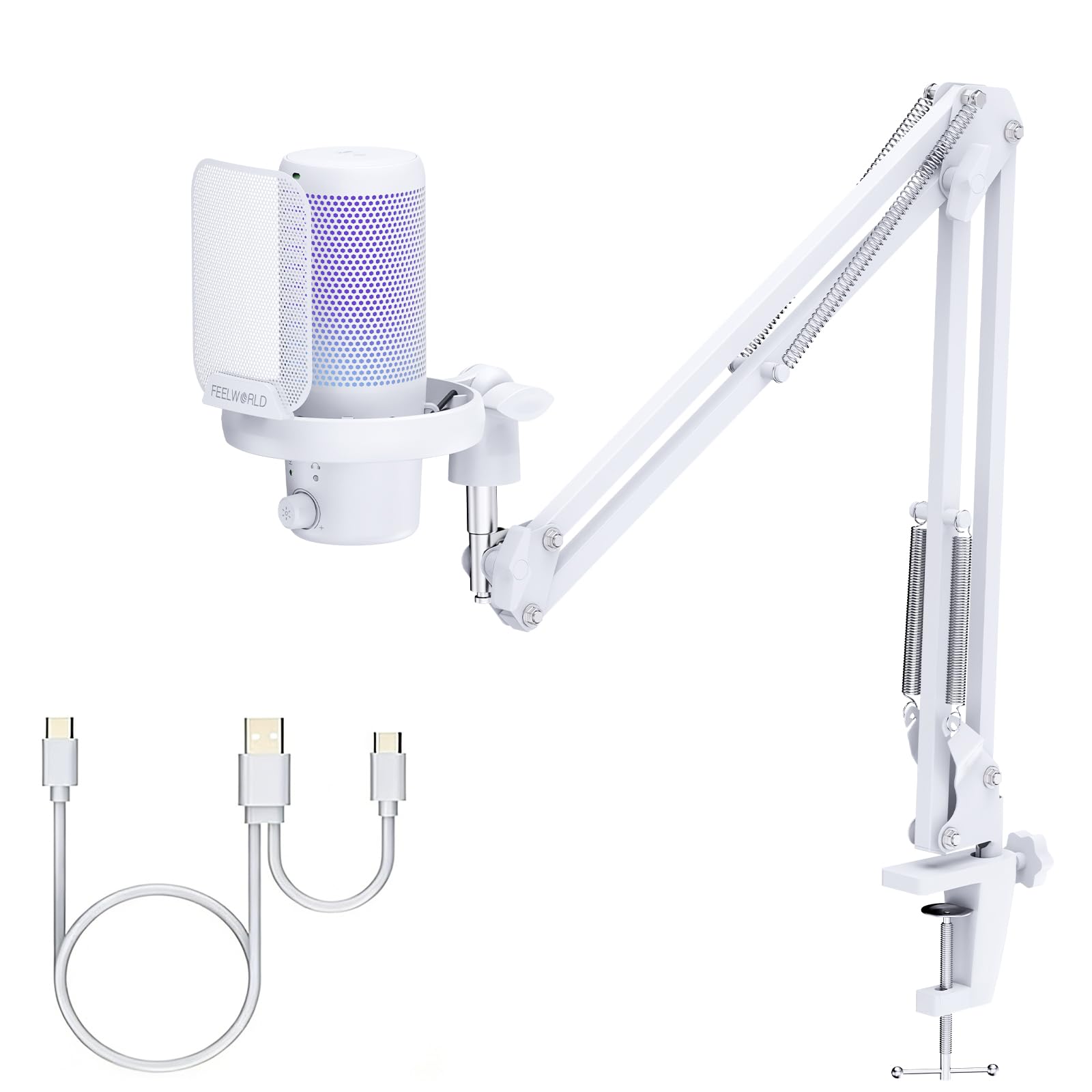 FEELWORLD VM1 - Micrófono condensador USB para juegos, cancelación de ruido, botón de silencio, luz RGB para PC PS4 PS5, podcast/YouTube/Twitch Streaming, chat en línea, grabación, accesorios de