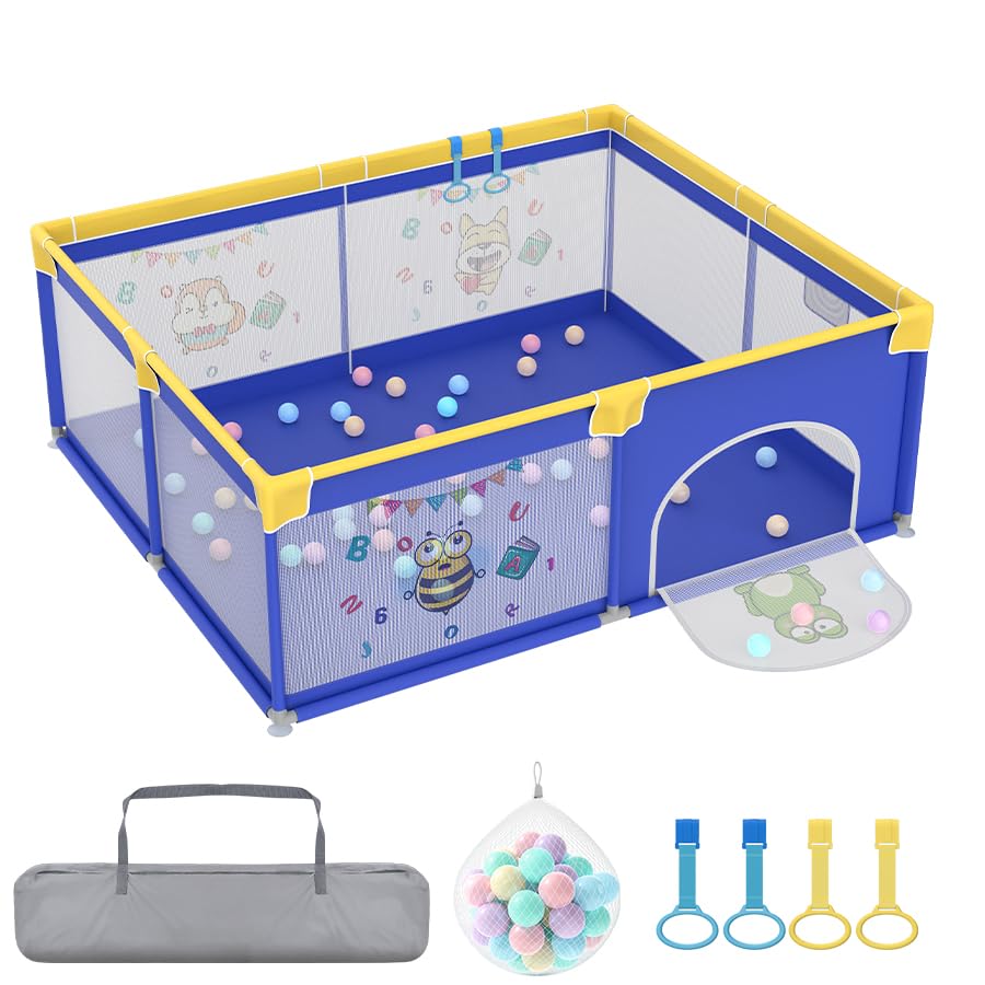 Aufun Box per bambini in tessuto Oxford 300D, con griglia di chiusura in schiuma anticollisione, rete traspirante, chiusura con cerniera (blu, 150 x 180 x 68 cm)