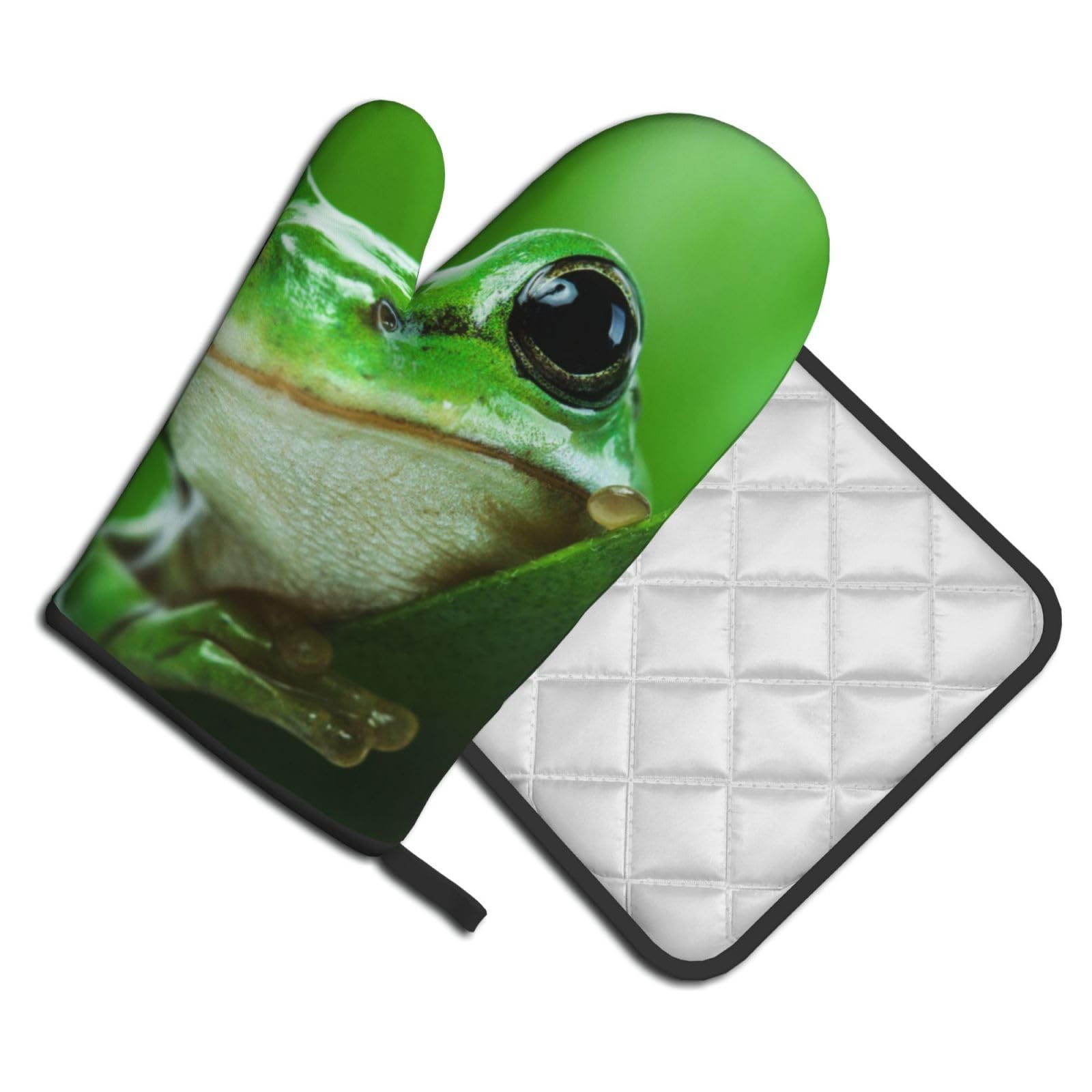 Oven Mitts and Pot Holders Set of 2 Pcs, green Frog the Leaves Printed Heat Resistant Kitchen Gloves Potholders for Cooking Baking Grilling