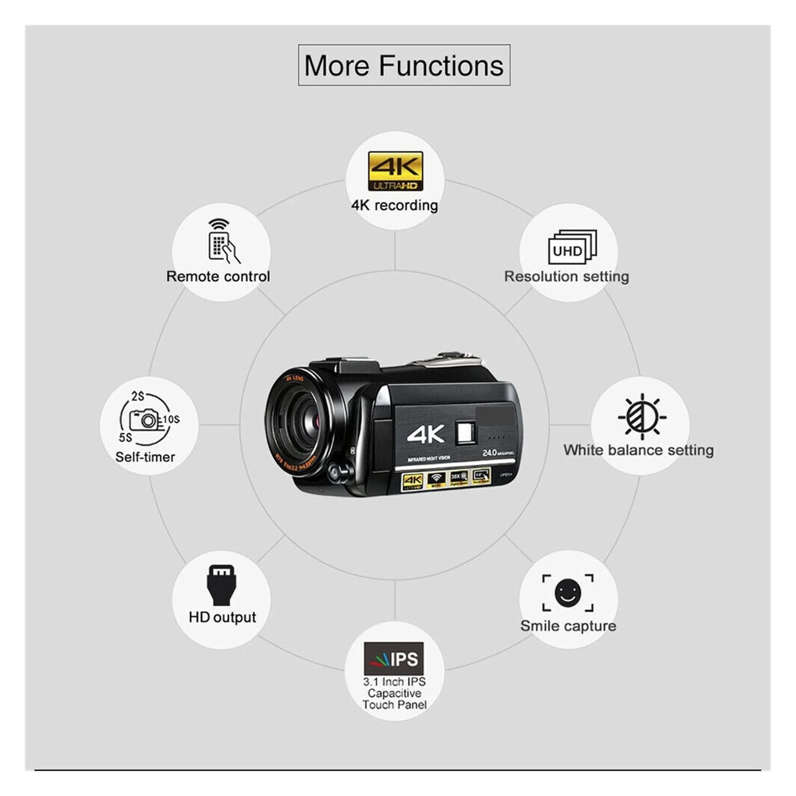 Caméra vidéo Caméscope Caméra vidéo Caméscope 4K Zoom numérique 30X IR Vision nocturne Vlogging Caméra Blog Kit standard