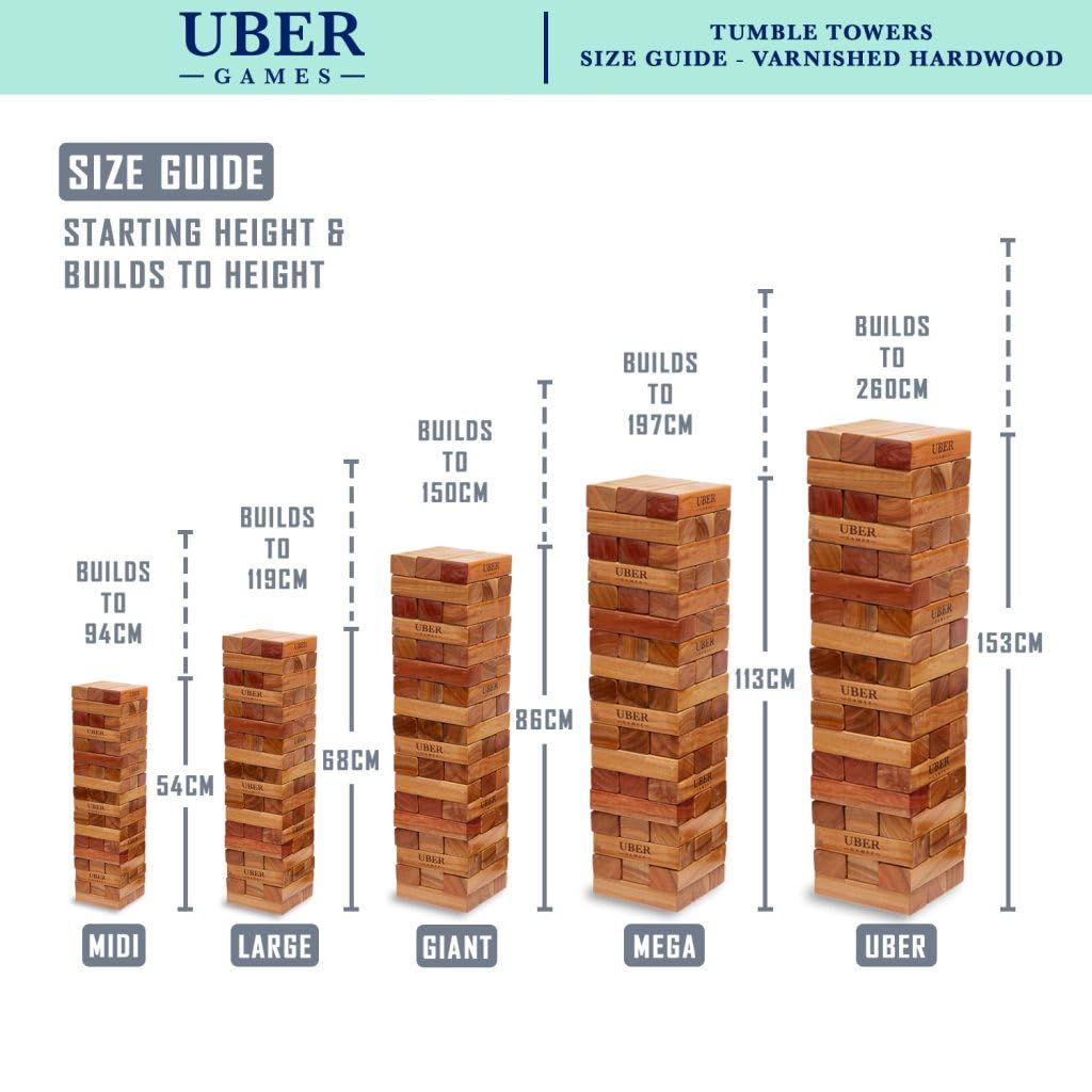 Uber Games Riesen Wackelturm XXL Spiel - 30kg bis 150 cm Groß - India ökologisch Hartholz - Handgefertigt in Ultra Luxus Tasche