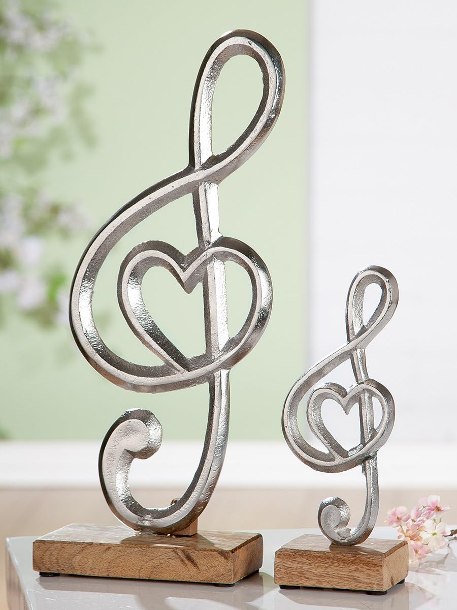 GILDE Standrelief Notenschlüssel aus Aluminium und Mangoholz, 39 cm hoch, silberfarben