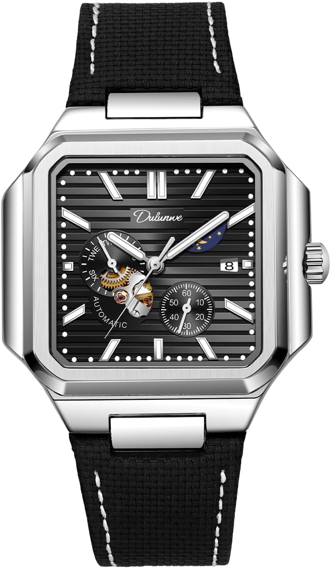 Men's Watch Automatic Square Multi-Function Small Dial, Second Hand Chronograph, 24-Hour Display, Day and Night Display, 30M Waterproof