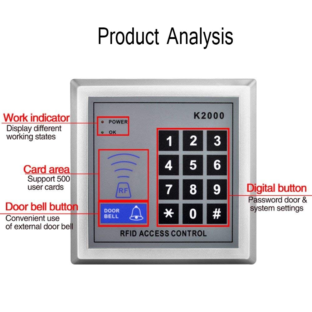 YAVIS RFID Control de Acceso Teclado Lector de Tarjetas 125 Khz Puerta Sistema de Control de Acceso hogar/Apartment + 10 TK4100 Teclas Support 500 User