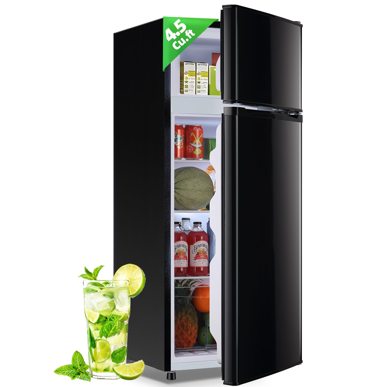 Demulelr 4.5cu.Ft Small Mini Refrigerator With Freezer Black Two Door Mini Fridge With Crisper Drawer & Extra Drink Space, LED Light, Apartment Size Fridge For Dorm Office 17.5" W X 18.5" D X 43" H on Fridge.com - View 1