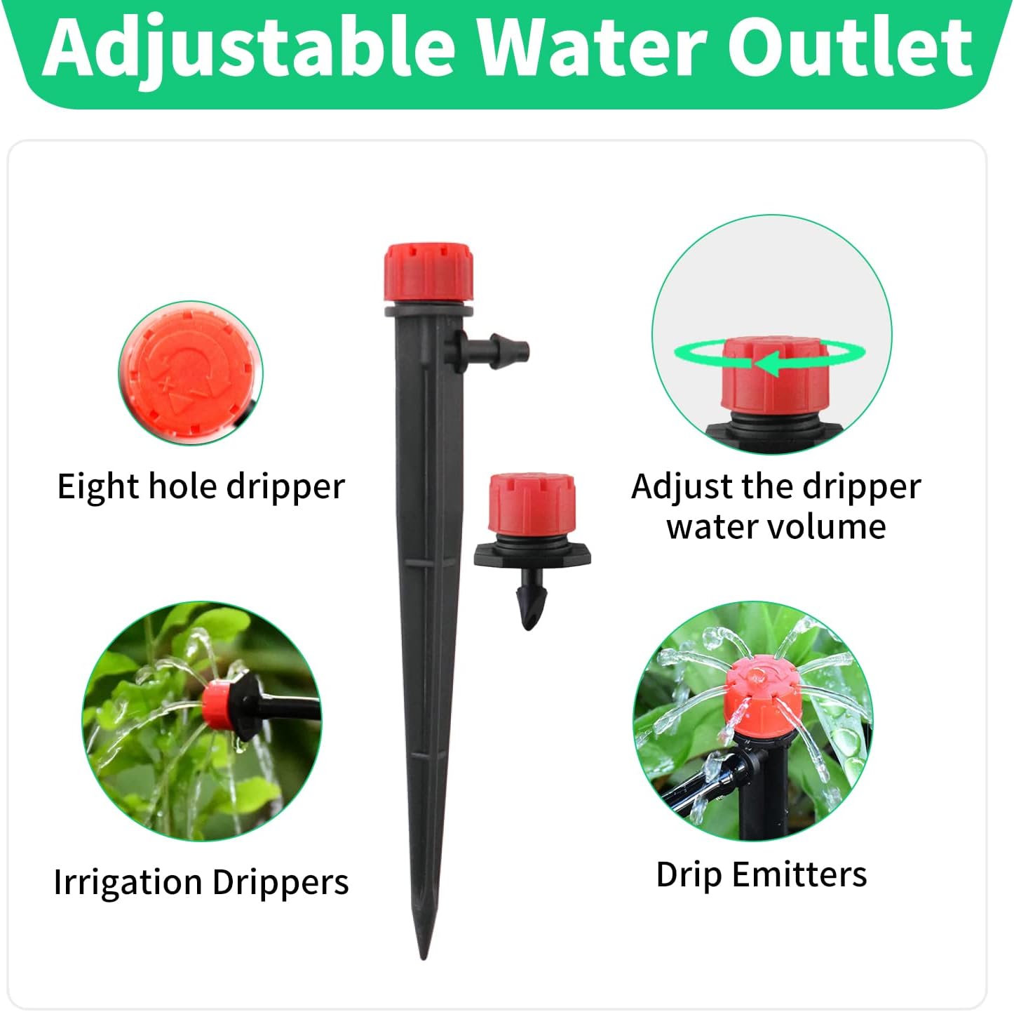 ZEJUN Adjustable Drip Irrigation Emitters, 120 PCS Drip Irrigation Parts Kit for 1/4 inch Tube, 360 Degree Irrigation Sprinklers with Stake & Barbed Tube Coupling & Tees for Drip Irrigation System
