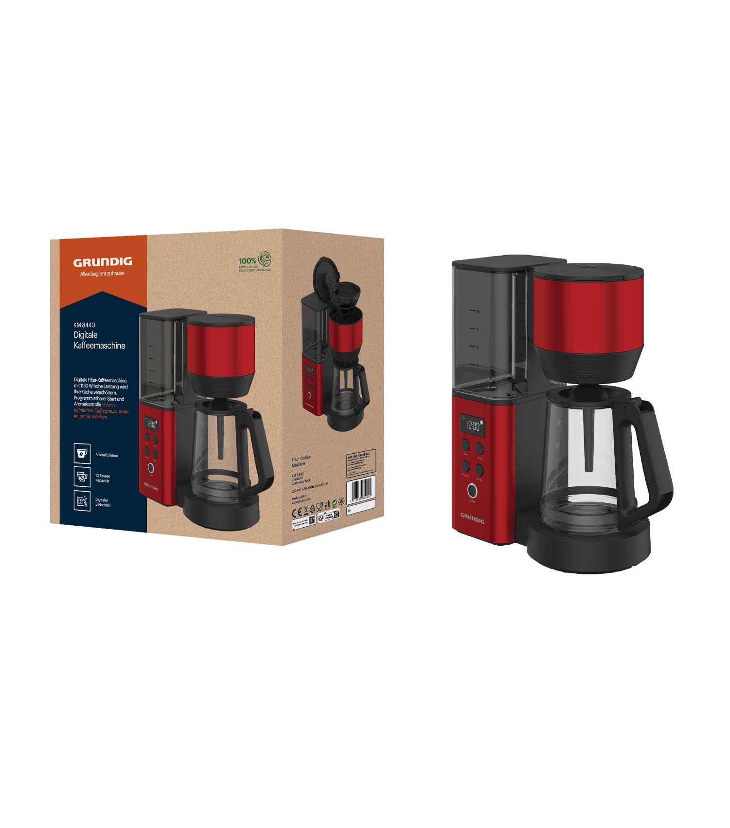 GRUNDIG - KM 8440 Filter-Kaffeemaschine - 1,25 Liter Kapazität für 12 Tassen - 1000 Watt Leistung Timer-Programm Warmhaltefunktion Tropfschutz-System - Robustes Design - Rot