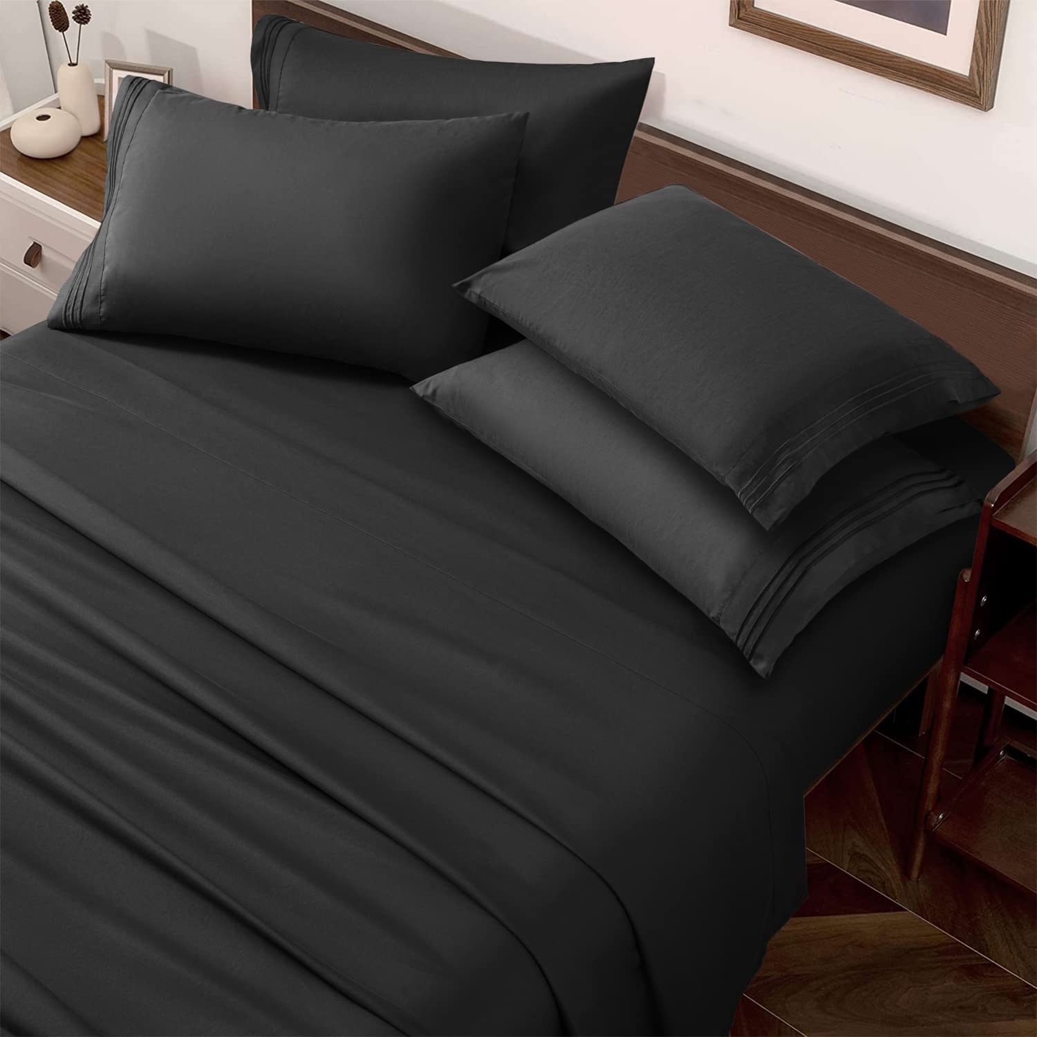 6PC Bed Sheets Set - Brushed Microfiber 1800 Thread Count Percale - 19 Deep Pocket King Black