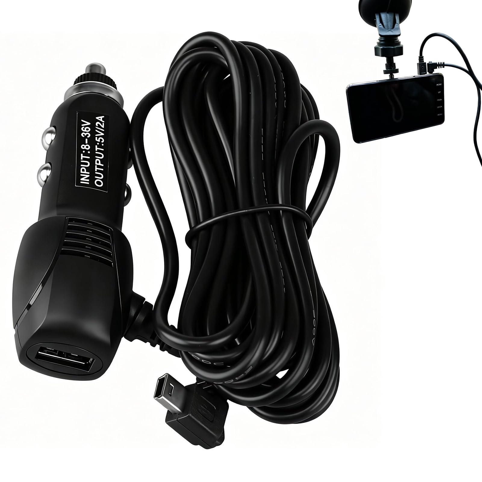 Dash Cam Charger,12V to 5V Mini USB Charging Cable Dash Cam Power Lead In Car Charger Adapter with 3.5 Metres Wire 2A Power Supply Cable Cord For GPS Navigation DVR USB Devices
