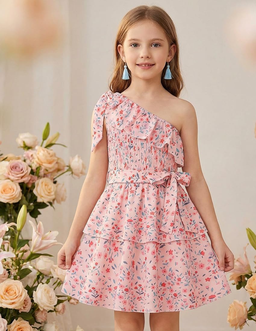 GRACE KARIN Girls Summer Spring Dress Kids One Shoulder Floral Dresses Teen Cute Party Flower 2 Layer Hawaiian Clothes 6-14 - Image 4