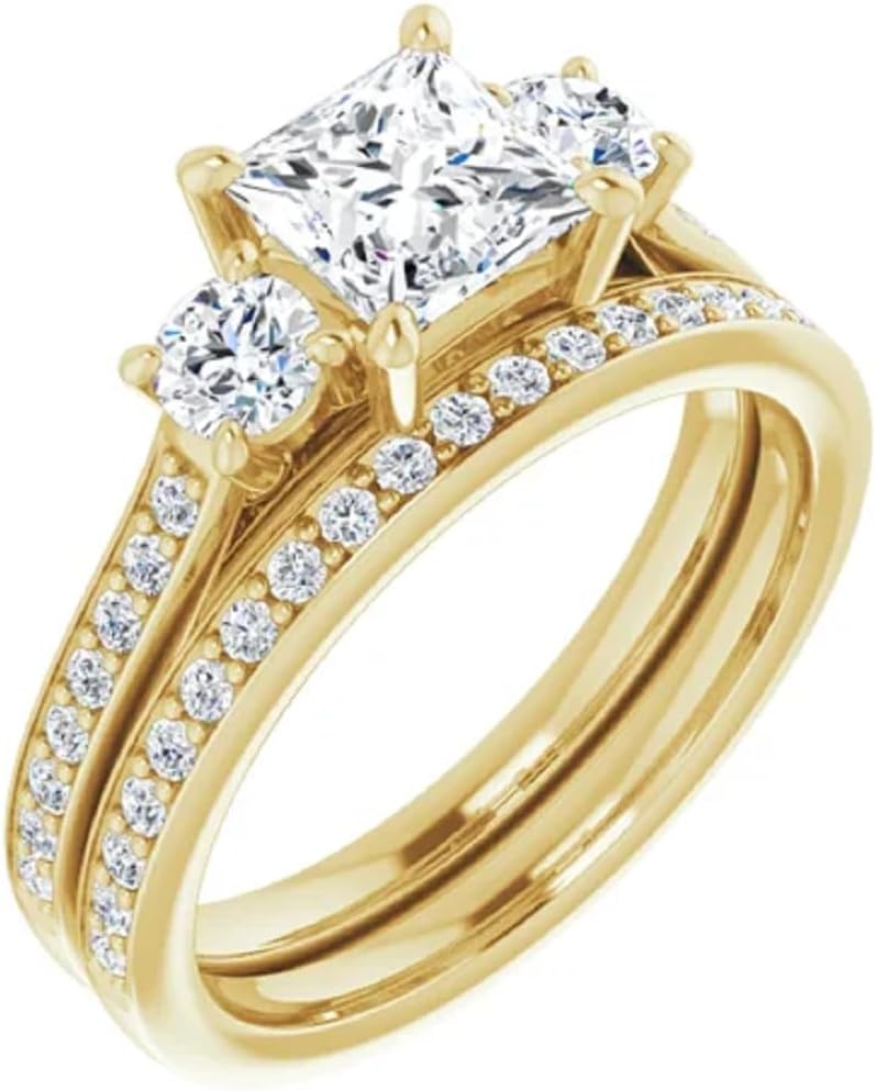 10K/14K/18K Solid Yellow Gold Handmade Engagement Ring, 1.00 CT Princess Cut Moissanite Solitaire Ring, Diamond Wedding Ring Set for Women/Her, Anniversary/Propose Ring, VVS1
