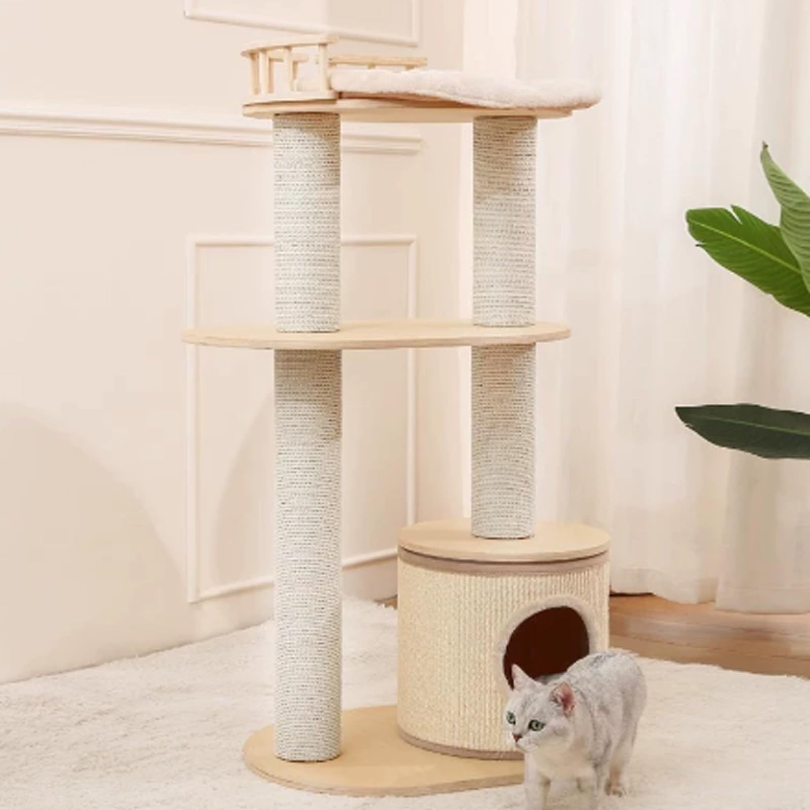 Centro de actividades para gatos, casa de juegos para mascotas con base estable, varios niveles de madera para apartamentos pequeños
