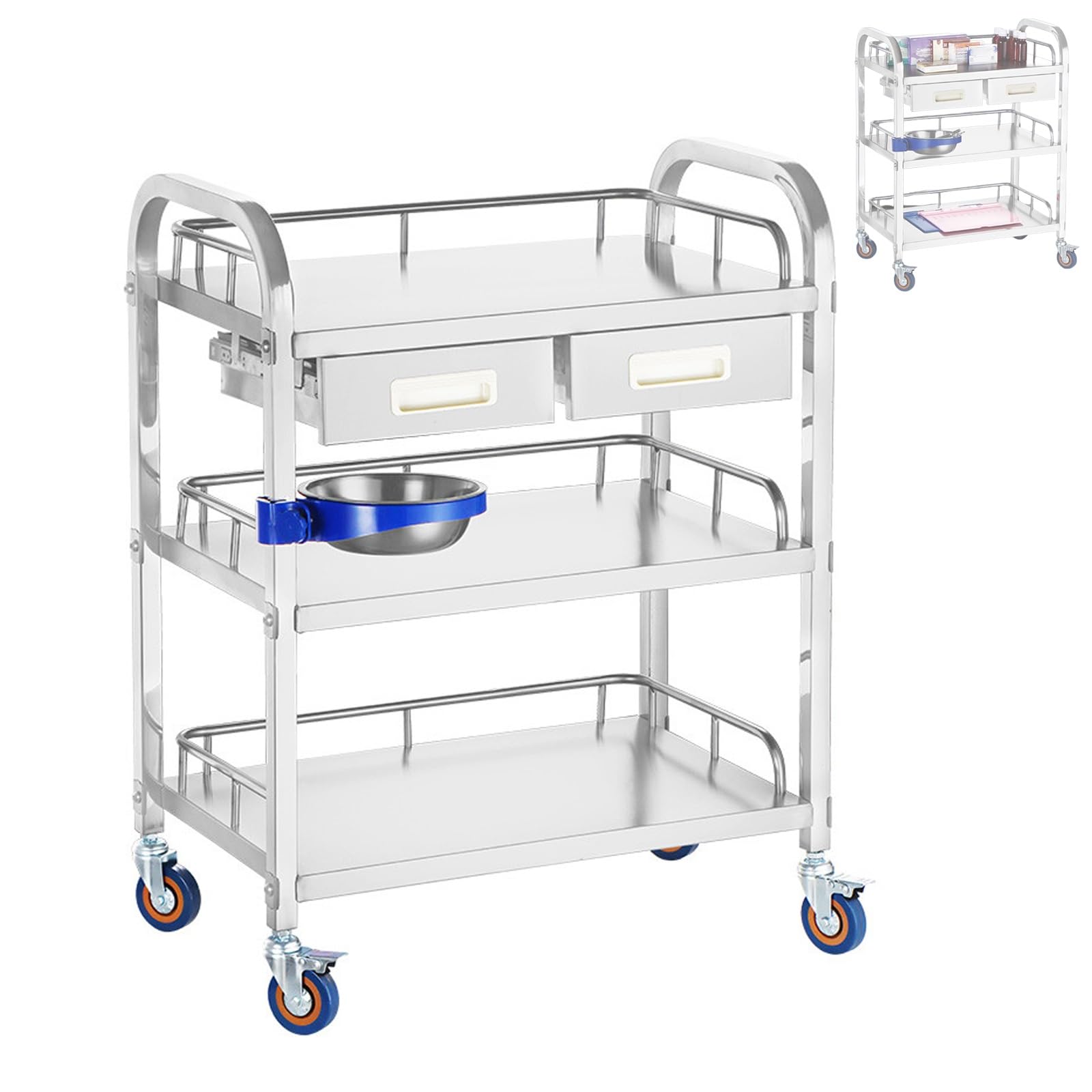 IEOWY Medical Trolley, 3-Layer Stainless Steel Utility Cart for Storage and Transportation in Laboratories, Hospitals, Restaurants, and Home Use