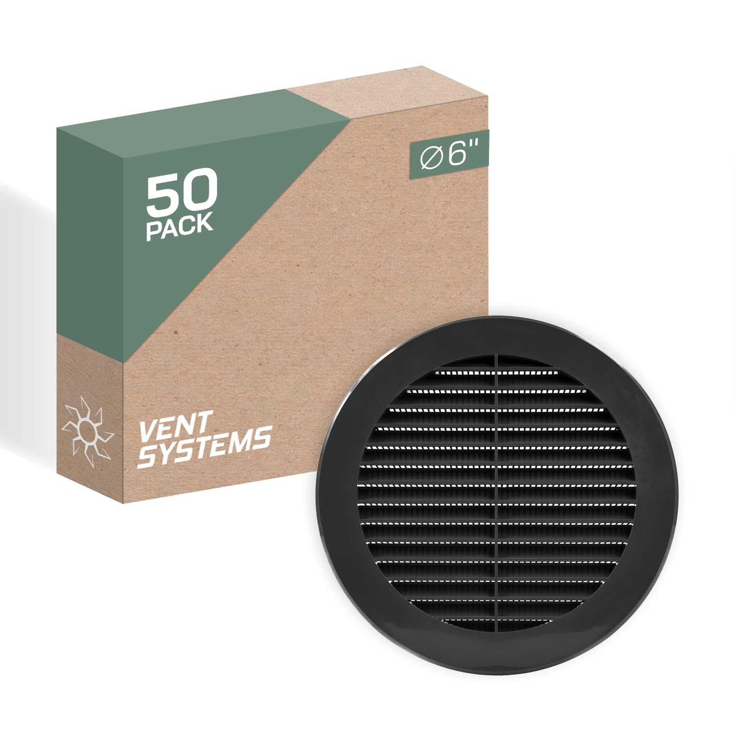 Vent Systems 150 mm / 6" Inch Round Soffit Vent Cover - Pack of 50 - Black Louvered Plastic Grill Cover - Vent Grille with Screen Mesh - HVAC, Ducting, Pipe Air Supply Vents for Bathroom, Kitchen