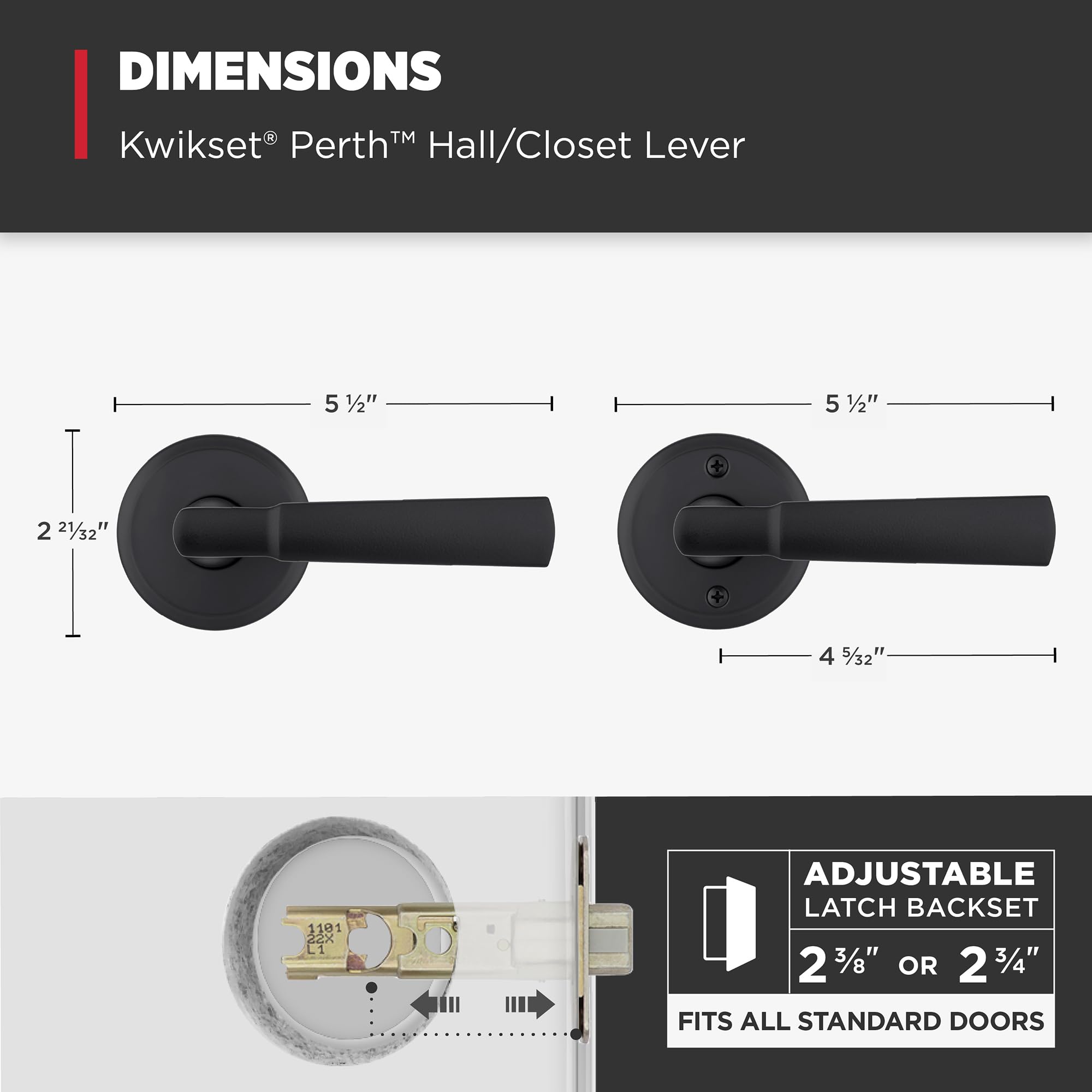 Kwikset Perth - Manija de puerta de paso interior, palanca para puertas de armario y pasillo, manija reversible sin bloqueo, negro mate, con protección Microban