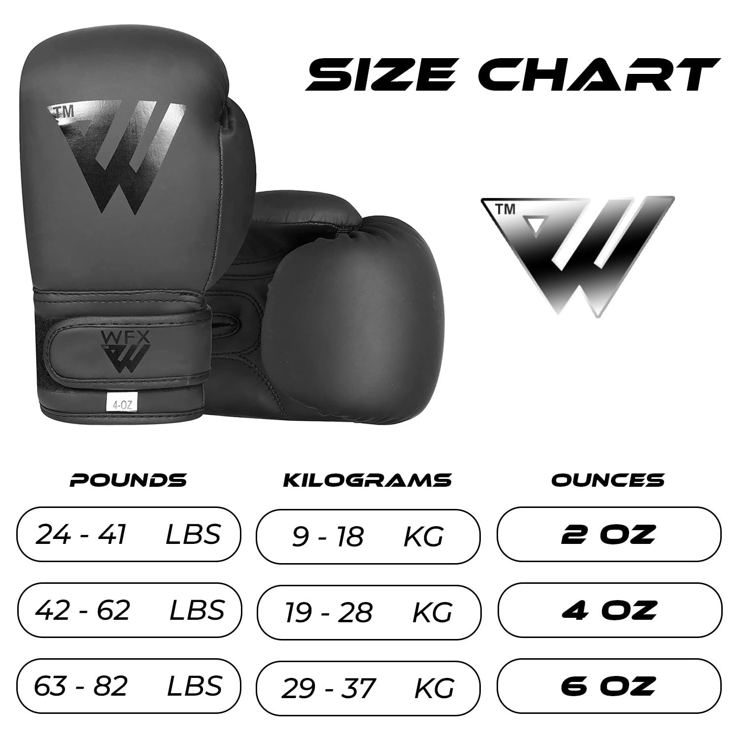 WFX Guantes de boxeo para niños 56.7g 113.4g 170.1g entrenamiento artes marciales mixtas saco boxeo kickboxing Muay Thai negro