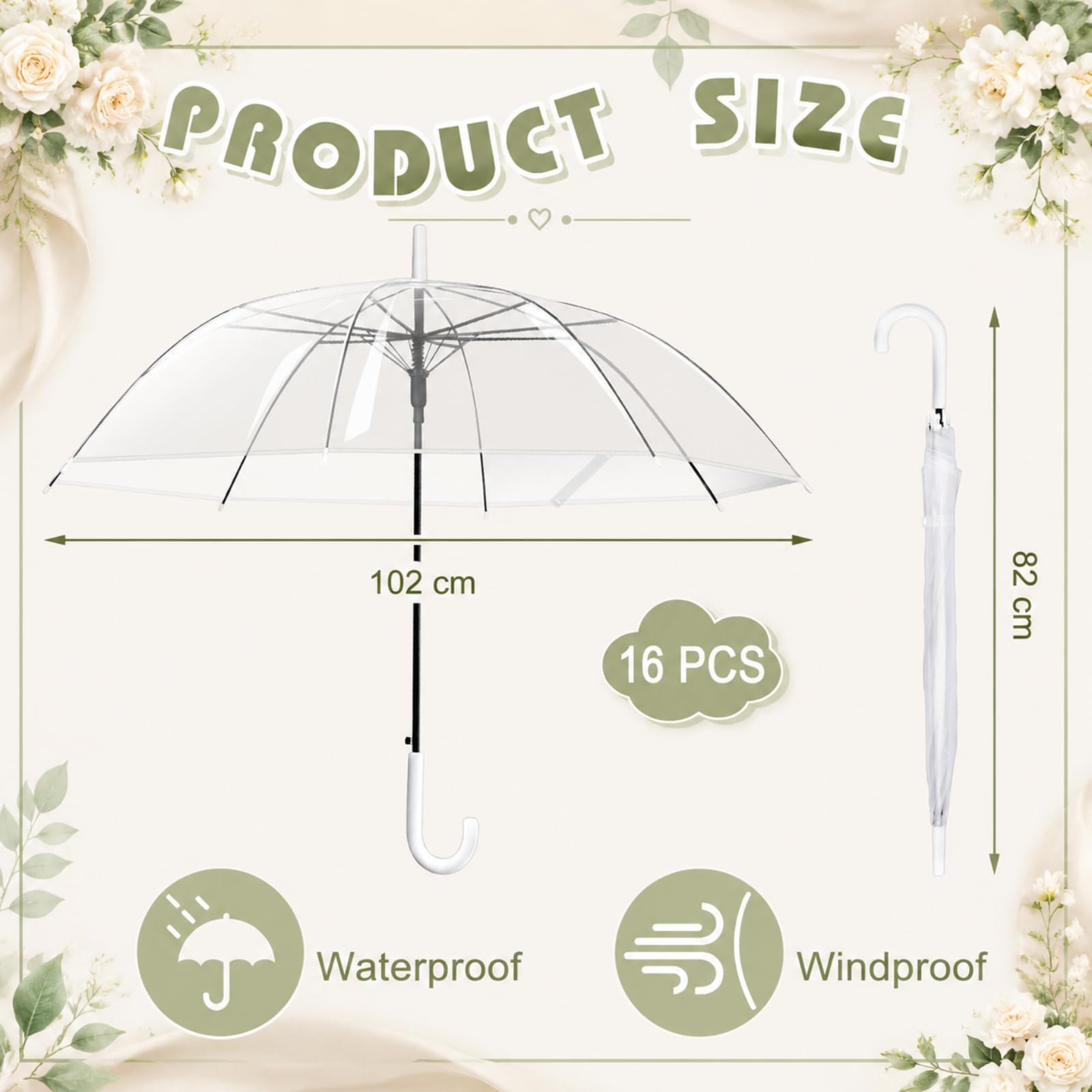 Hestya 16 Pezzi Ombrelli Bianchi Trasparenti per Matrimonio 102 cm a Cupola Trasparente Antivento Ombrello Semiautomatico con Manico Curvo Accessori Matrimoni per Unisex Sposa Damigella d'Onore Festa