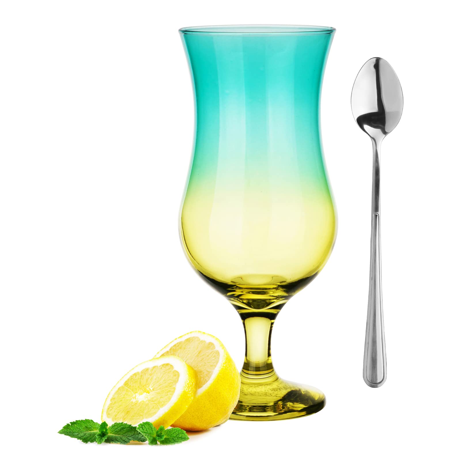 Glasmark KROSNO 1992 Juego De 6 Vasos Alto Para Cócteles 420 ml Transparentes Copas De Vidrio Para Agua Succo Cerveza Long Drink Amarillo Turquesa Con Cucharillas