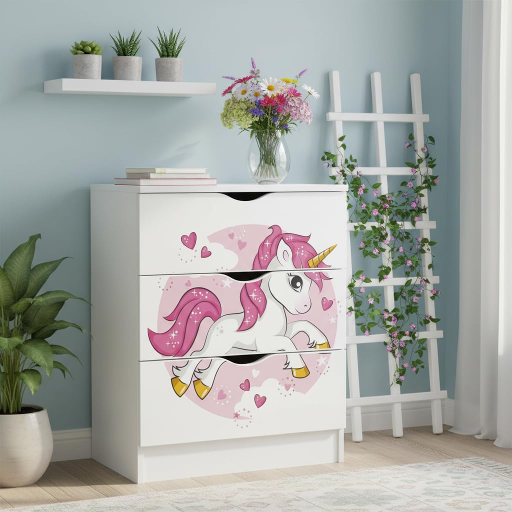 Leomark Weiß Kommode mit 3 Schubladen - Roma - Möbel für Kinderzimmer aus Holz, Schlafzimmer-Möbel (Pink Unicorn)