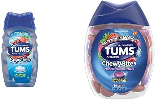 TUMS Smoothies Berry Fusion - Tabletas masticables antiácidas extra fuertes para aliviar la acidez estomacal, 60 tabletas y TUMS Chewy Bites Surtido