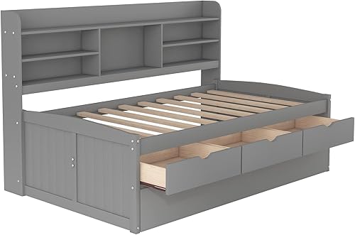 Miniatura 7 de Cama de capitán de madera con estanterías marco de cama de plataforma de tamaño individual con 3 cajones de almacenamiento y nido para dormitorio no