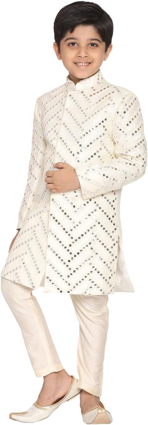 VASTRAMAY Boys' Silk Blend Indowestern Sherwani Set with Mirror Work and Pant Style Pyjama