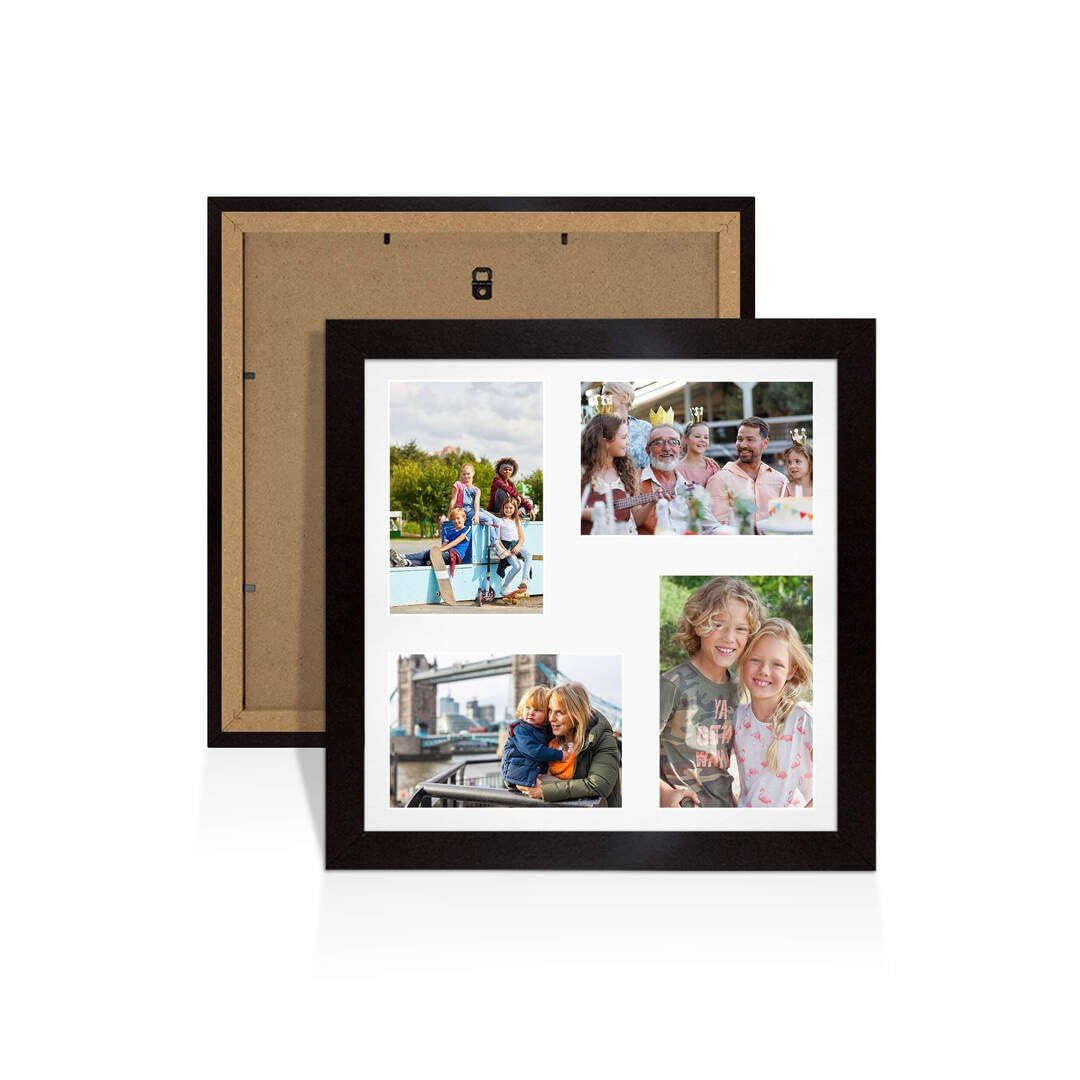 Procut Global 12X12 Matte Black Photo Frames For Multiple Pictures with White Mount-Modern Collage Frame with 4 Apertures (4x) 6X4-Engineered Wood with Shatterproof Perspex