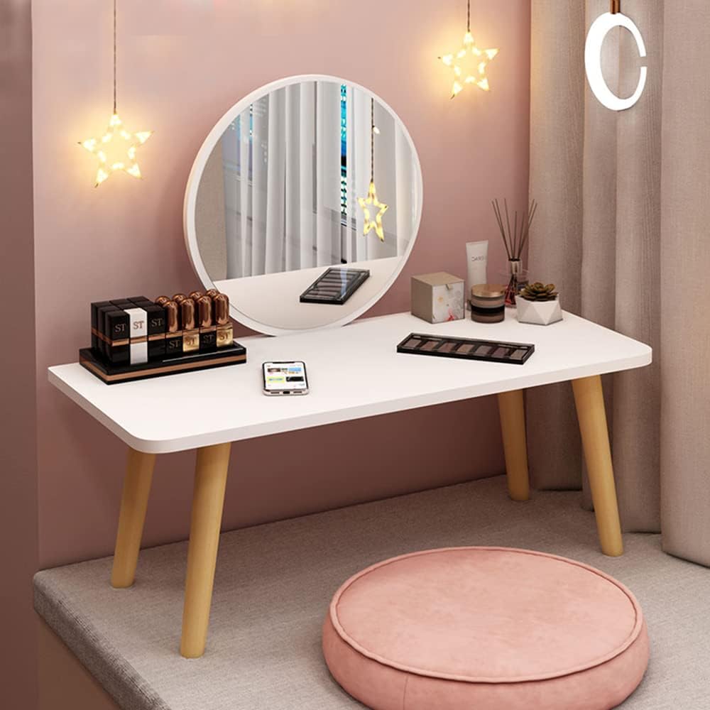 LITFAD Modern Makeup Vanity Standing Vanity Set with Drawer Bedroom Wood Dressing Table - Makeup Vanity & Mirror with LED Light White 24" L x 16" W x 24" H