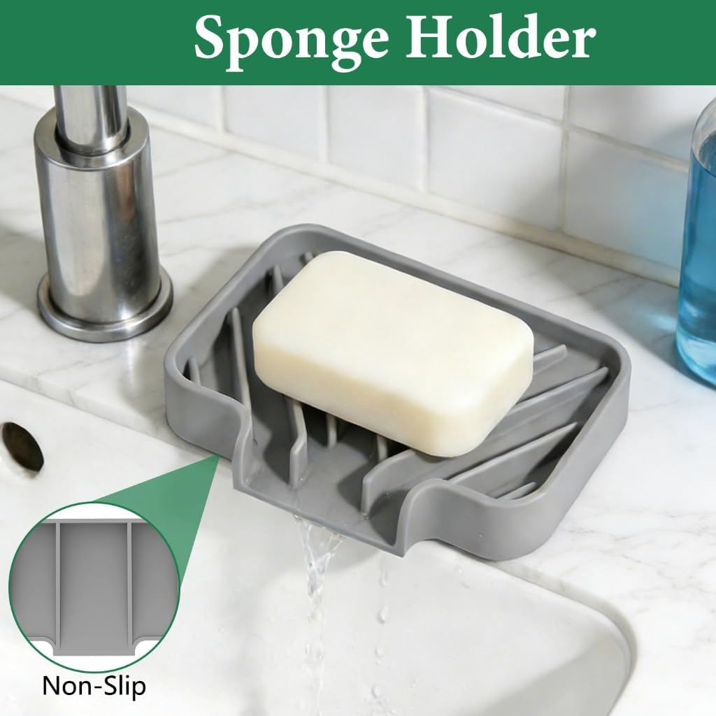 GUUKIN Sponge Holder for Kitchen Sink, 5x3.5 Inch Auto-Draining Soap Tray & Sink Organizer | Compatible with Scrub Daddy, Keep Countertops Dry, Kitchen Sink Accessories (Grey)
