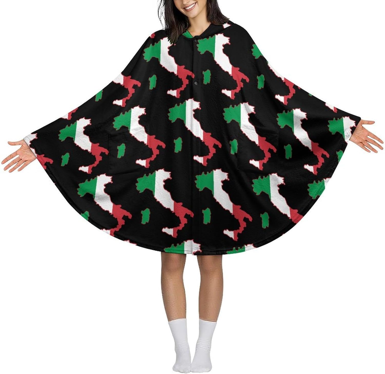 Italia Italy Italian Map Flag Wearable Blanket with Hooded Flannel Blankets Cape with Pocket