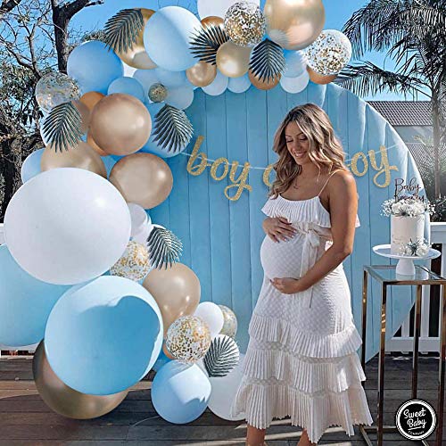 Sweet Baby Co. Boy Baby Shower Blue Balloon Garland Arch Kit For Boy With Greenery Leaves Decorations, Boy Oh Boy Banner, Confetti, Metallic Gold, White, Baby Blue Balloons | Elephant Party Decoration #TOP6