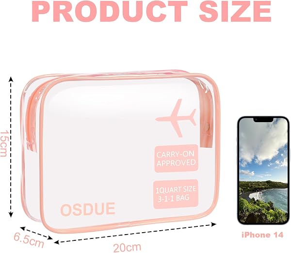 OSDUE Trousse de Toilette Transparente, 2 Pièces Kit Voyage Avion, PVC Étanche Trousse de Toilette Voyage pour Homme et Femme Sac de Rangment Avion Transparente Maquillage, Rose - 2