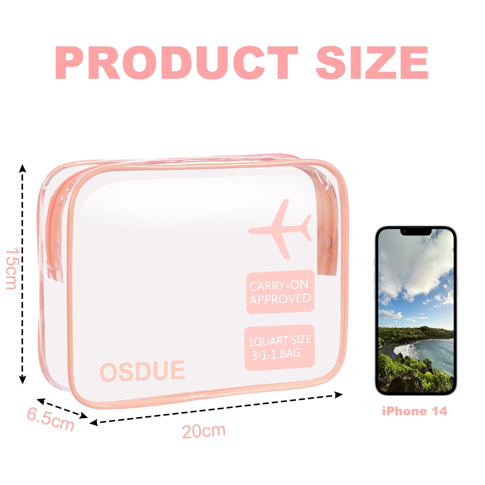 OSDUE Trousse de Toilette Transparente, 2 Pièces Kit Voyage Avion, PVC Étanche Trousse de Toilette Voyage pour Homme et Femme Sac de Rangment Avion Transparente Maquillage, Rose - 2