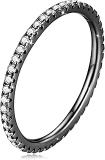 2MM Thin Band Eternity Rings 925 Sterling Silver Black Cubic Zirconia Egagement Rings Wedding Anniversary Stackable Rings Christmas Gifts for Her