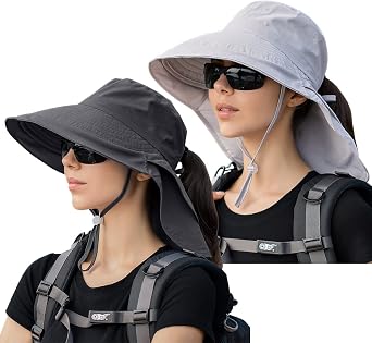 Pack of 2 Womens Sun Hat with Neck Protection UV Protection Wide Brim Ponytail Summer Hat UPF 50 Adjustable Beach Fishing Hat Fishing Hat Garden Outdoor Hat