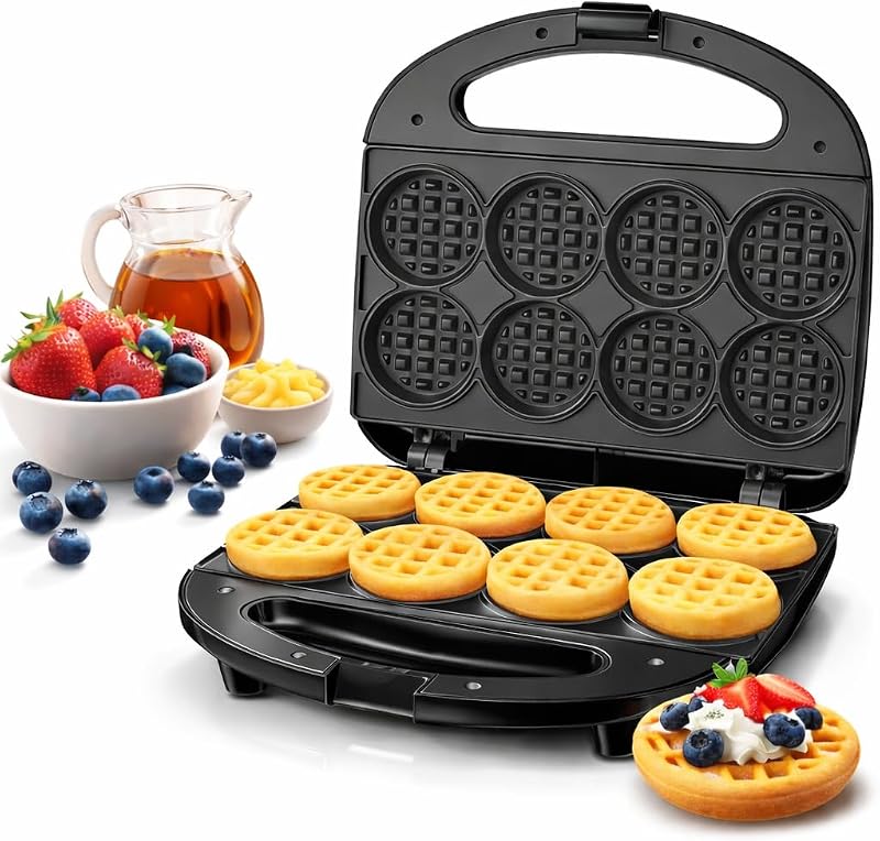 Mini Waffle Maker, Makes 8 Mini Waffles, Small Waffle Iron | 750W Heating with Nonstick Plates, Indicator Lights, Cool-Touch Handle, Compact Storage and Easy-Clean Design