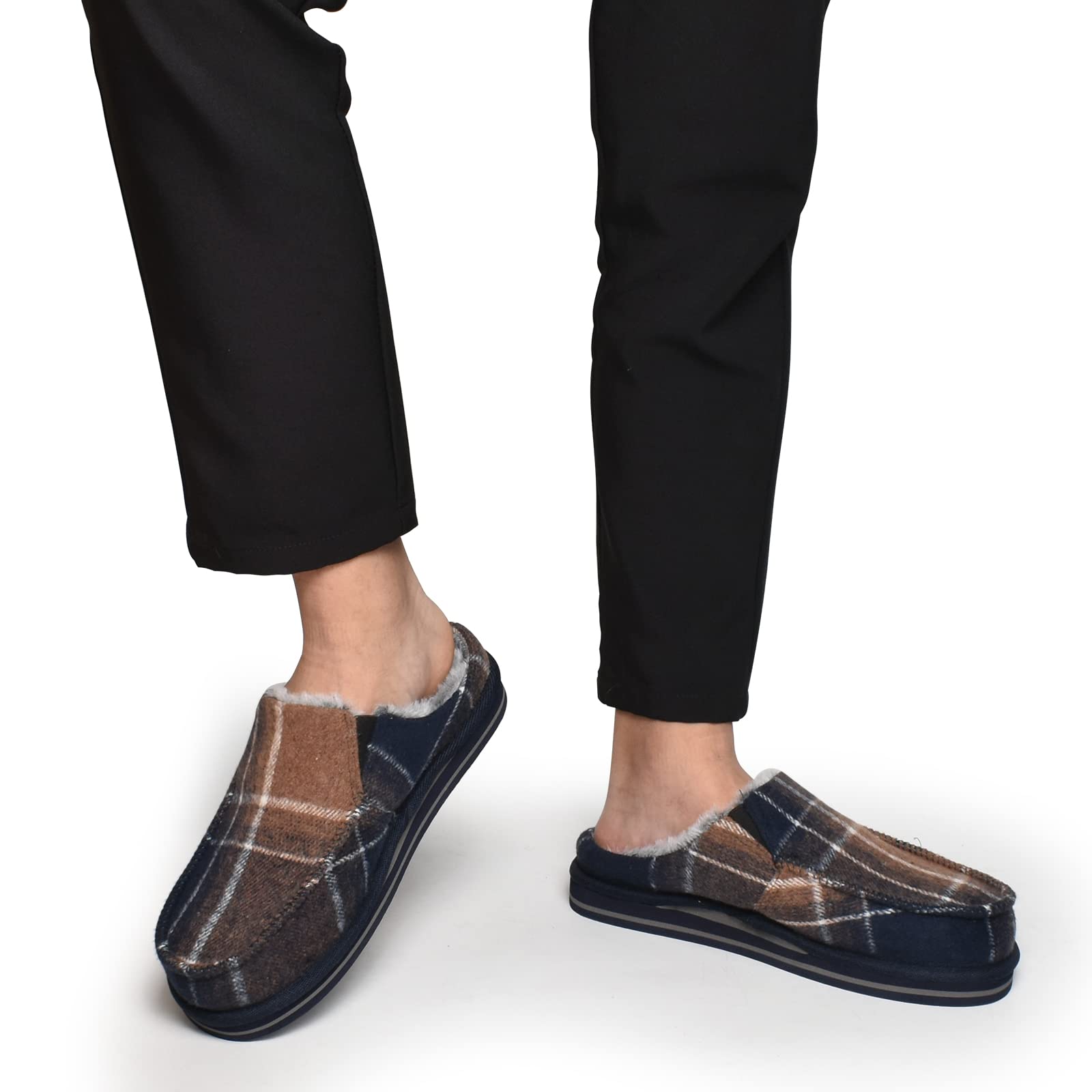 ONCAI Pantofole da Uomo in Comfort Pelo Cotone Strisce Ciabatte da Casa in Lana con Memory Foam Supporto Arco Suola in Gomma Taglia 40-50