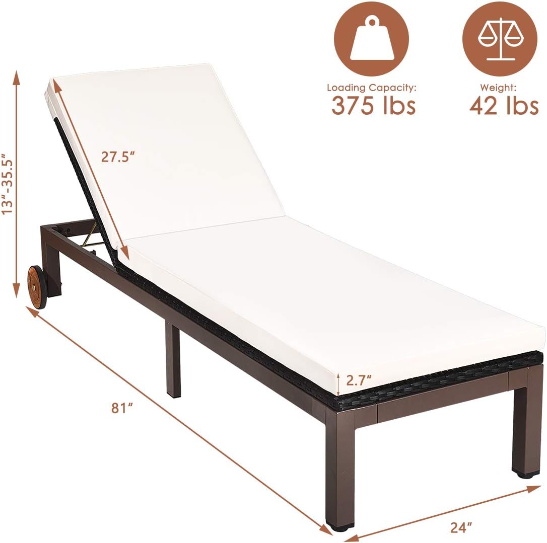 DORTALA Outdoor Pool Chaise Lounge Chair, Metal Rattan Lounger Recliner Chair W/Wheels, Folding Wicker Chaise Chair W/Cushioned Seating, White