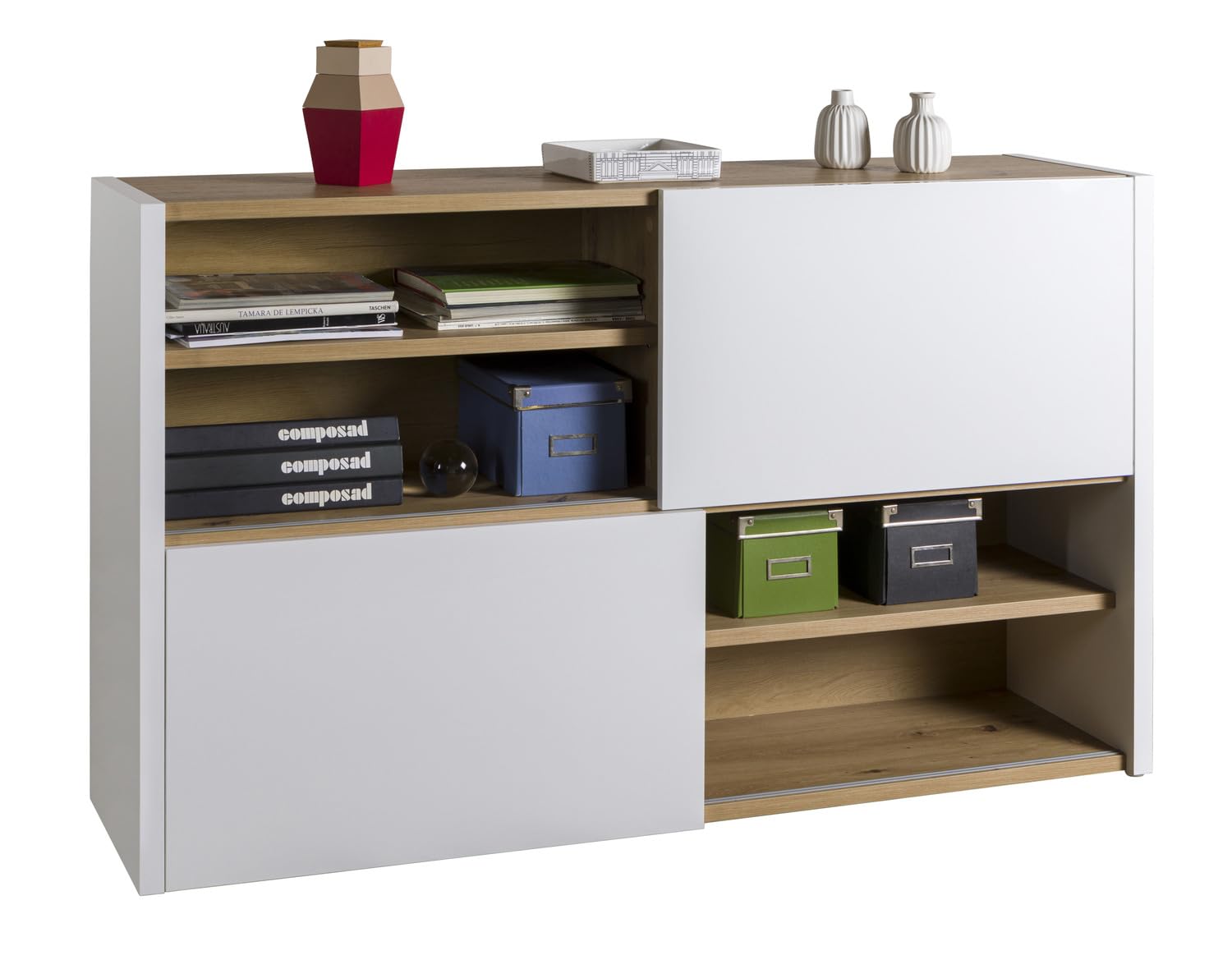 Composad | Base Multiuso della Linea ABILE con 2 Ante Scorrevoli, Mobile Archivio per Uffico e Home Office, (LxAxP):140x84,5x35,4 cm, Bianco Laccato e Rovere Mielato