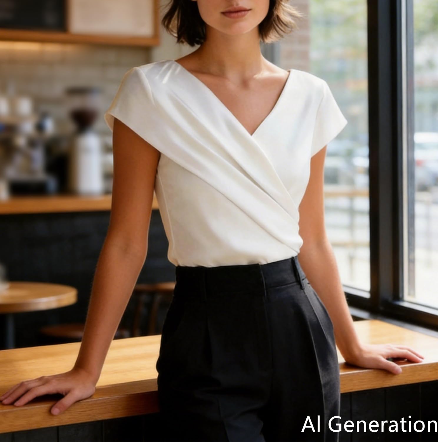 Générique Blouse élégante pour Femme, Unie, à Manches Courtes et décolleté en V croisé