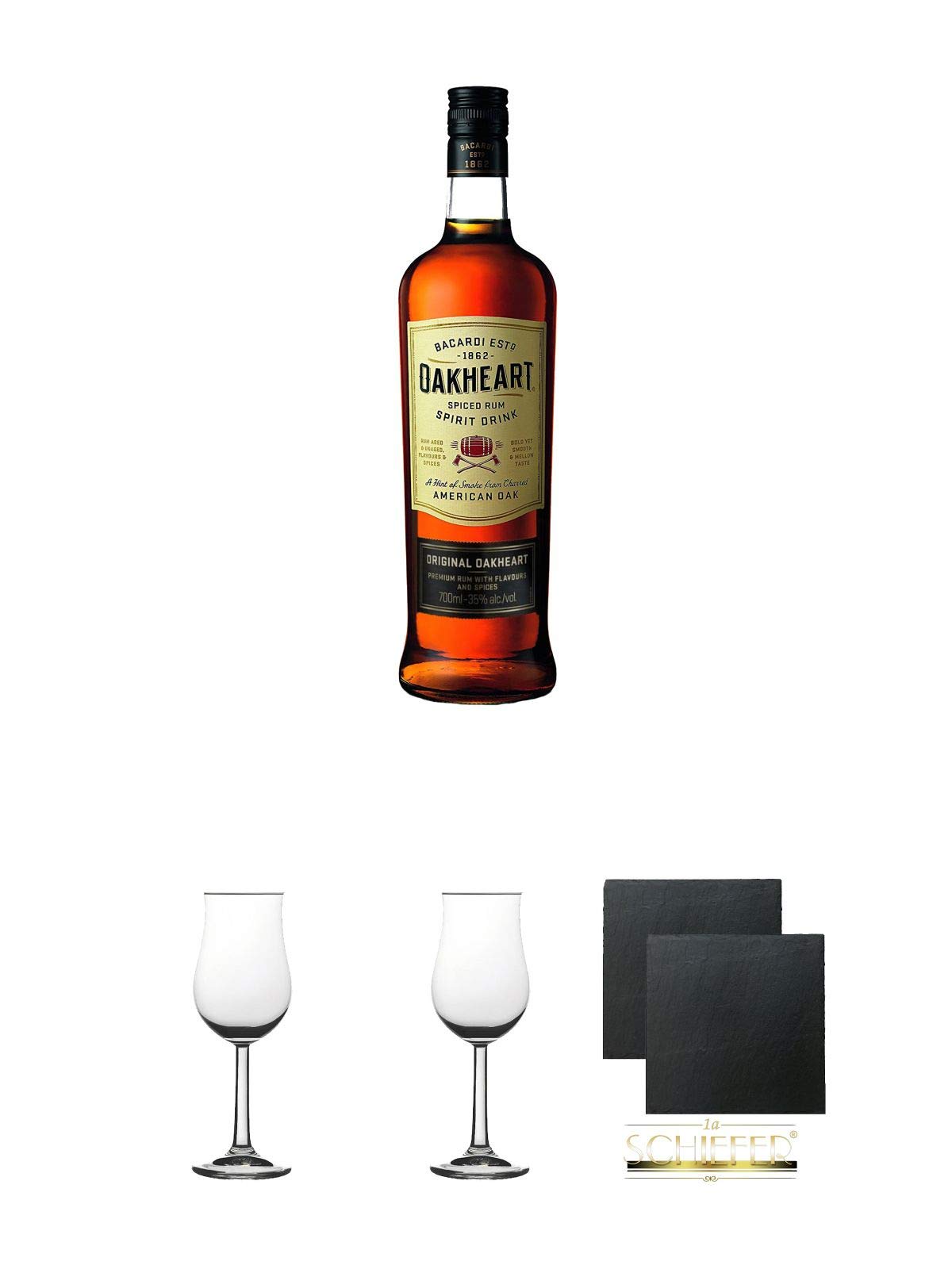 Bacardi Oakheart 0,7 Liter + 2 Bugatti Nosing Gläser mit Eichstrich 2cl und 4cl + 2 Schiefer Glasuntersetzer eckig ca. 9,5 cm Ø
