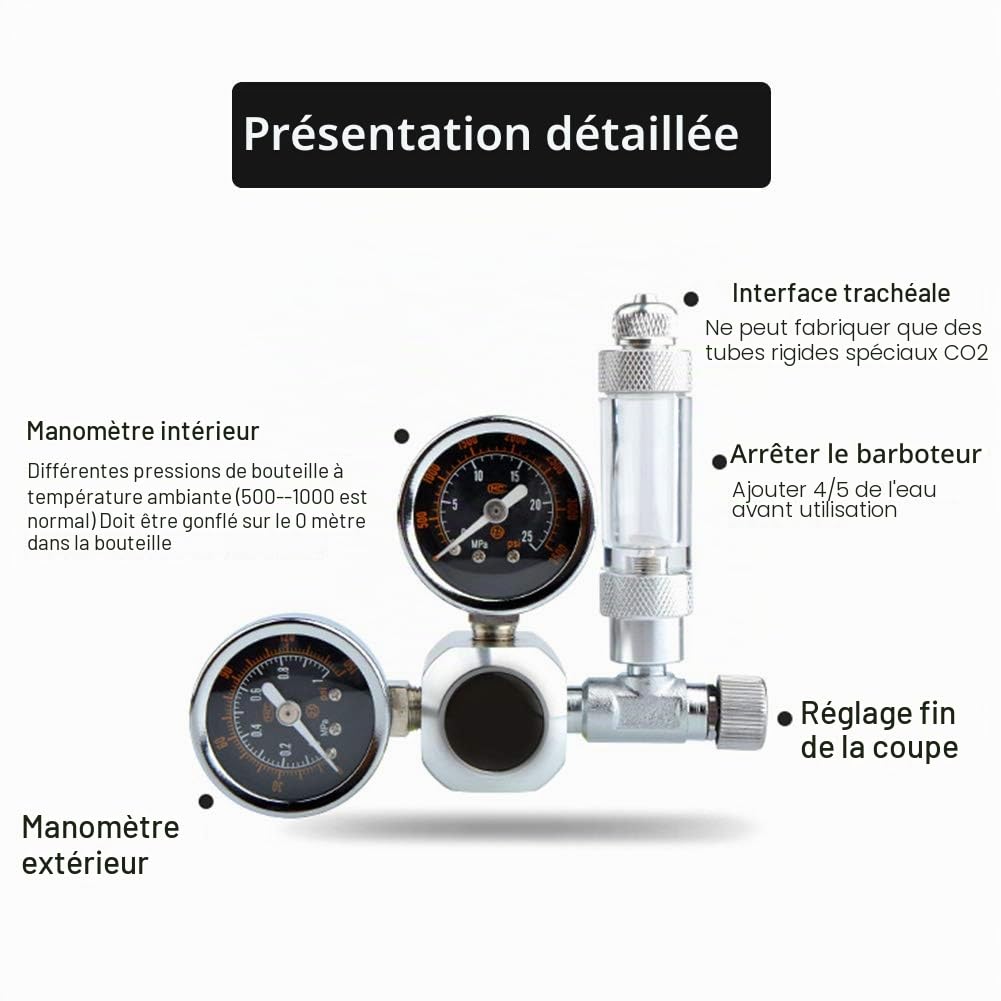 Régulateur de CO2 pour Aquarium Doseur de CO2 pour Aquarium Double de CO2 pour système aquatique à pression réglable avec comptables et clapet anti-retour(W21.8)
