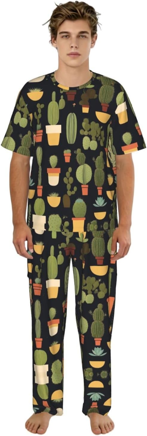 Men'S 2 Piece Loungewear Pajama Set Cactus Print Short Sleeve Tee Top And Pants Set S-3xl