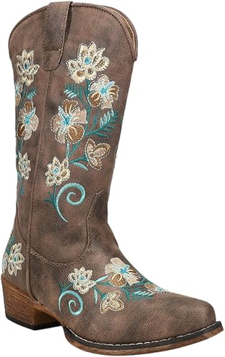 Miniatura 2 de ROPER Mujeres Riley Floral Bordado Snip Toe Casual Botas Mid Becerro Tacón Bajo 1-2" - Beige