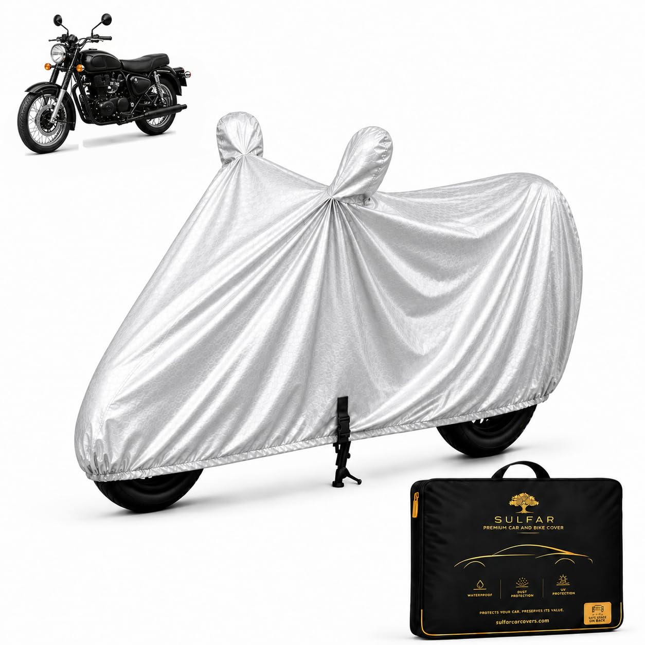Sulfar Big Bike Cover for Royal Enfield (Bullet Electra 5S) with Premium Storage Bag | Waterproof, Dustproof & UV Protected | All Weather Two Wheeler Cover (Magic Silver)-image-18